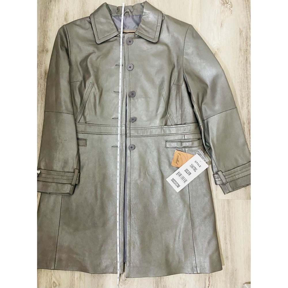 Excelled Women's Size Medium Genuine Leather Long Trench Coat Silver